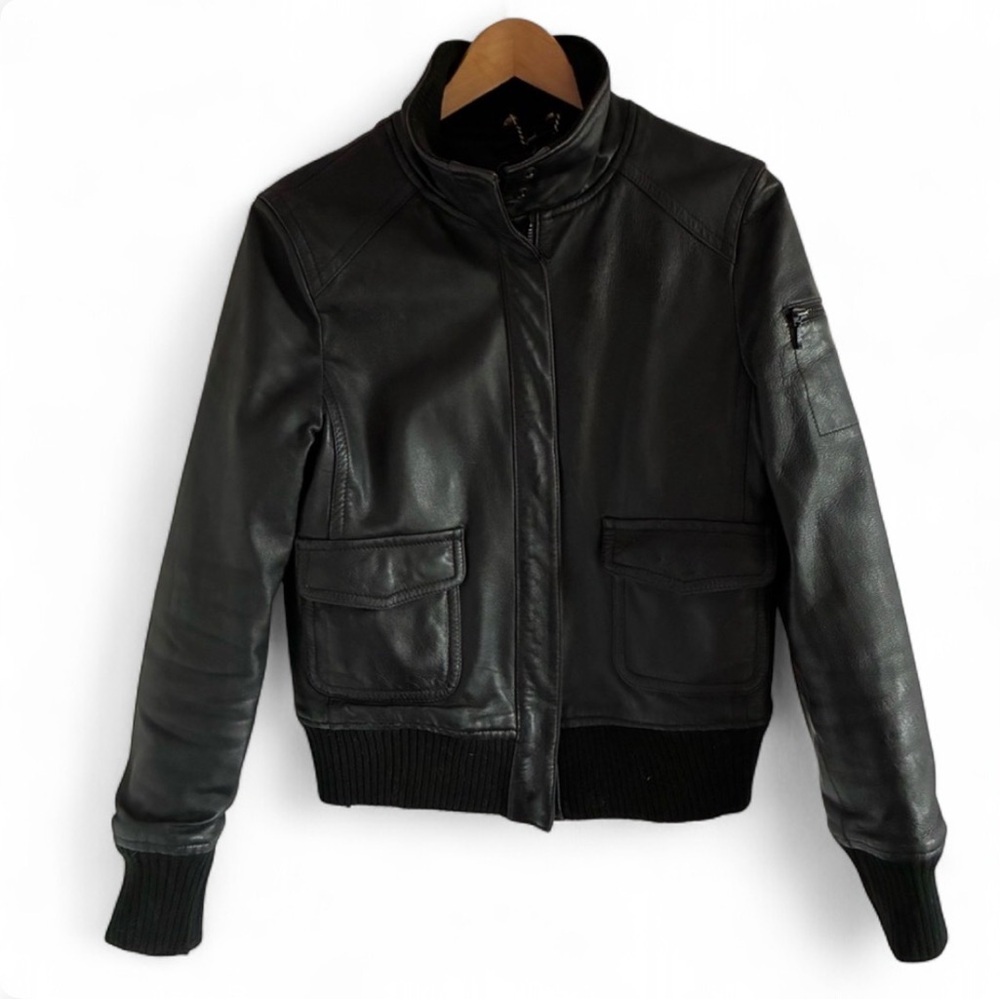 Mango MNG Black Genuine Leather Bomber Jacket Medium - As Is